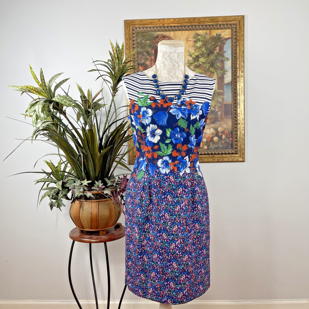 Antonio Melani Floral Sheath Dress 4 Blue Stripe Sleeveless Career Midi Boho